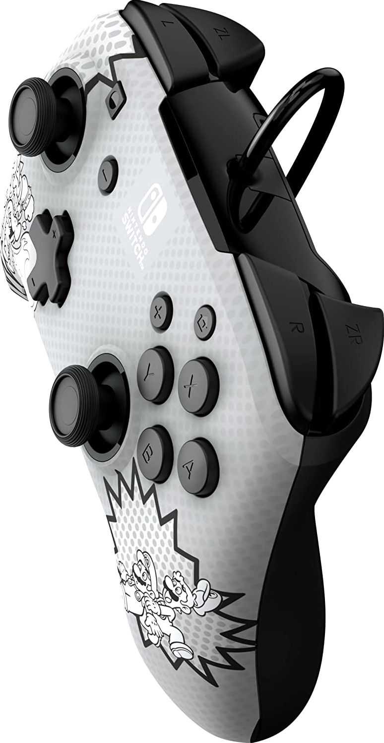 Weiß-schwarzer Nintendo Switch Controller mit einzigartigem Design, schräge Ansicht.