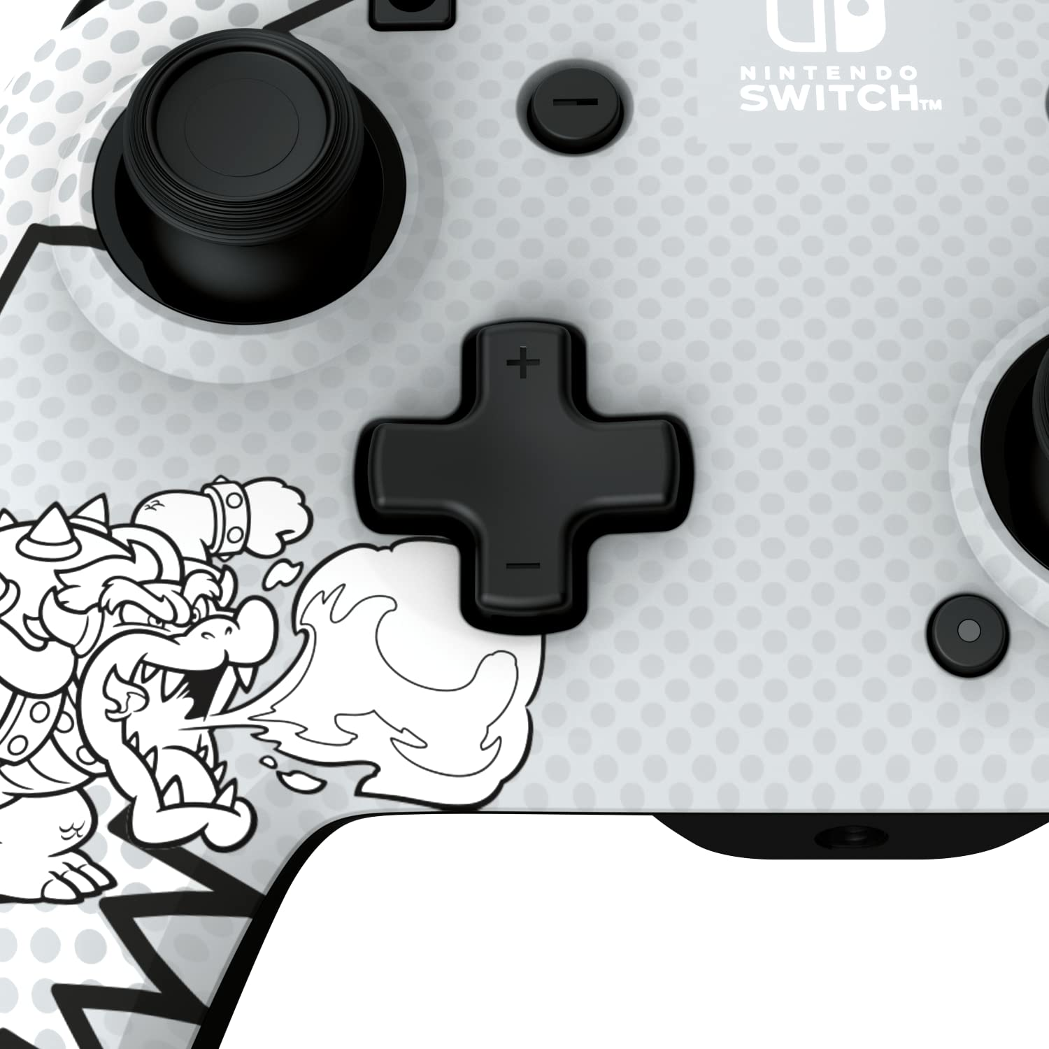 Ein Nintendo Switch Controller mit Bowser-Design. Knöpfe und Joysticks sind sichtbar.