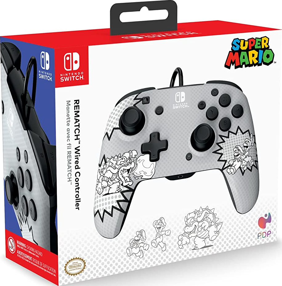 Super Mario Switch Controller in Box. Graues, schwarz-weißes Design mit Mario-Charakteren.