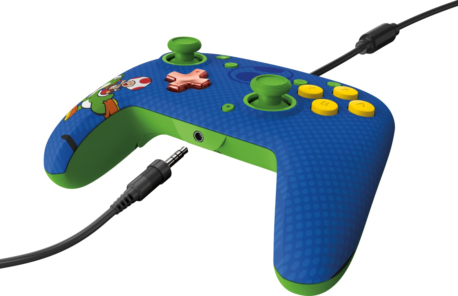 Ein blau-grüner Nintendo Switch-Controller mit Mario-Design. Der Hintergrund ist weiß.