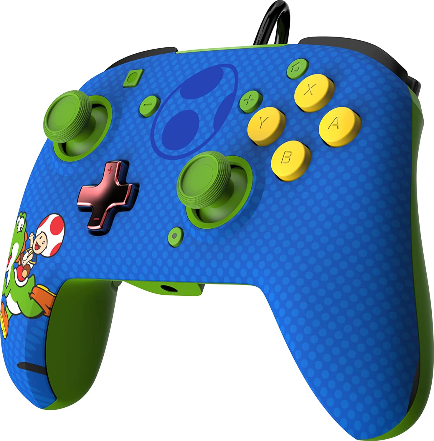 Ein blau-grüner Nintendo Switch Controller. Er hat einen Yoshi-Charakter auf der linken Seite.