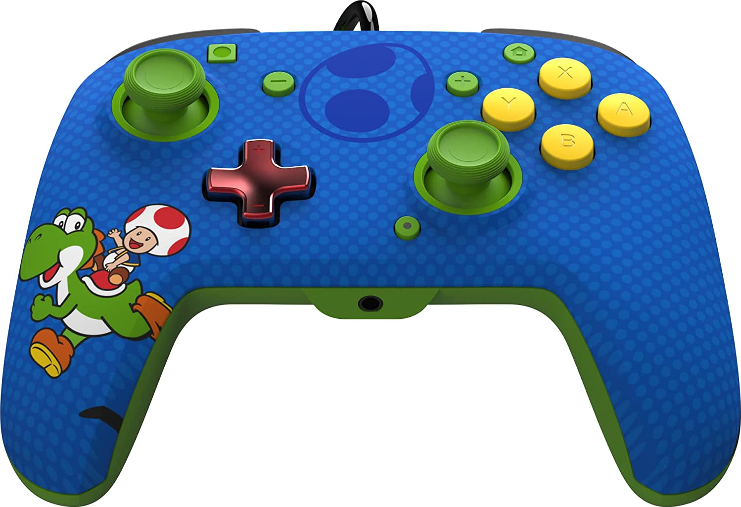 Blauer Nintendo-Controller mit gr ünen Sticks, gelben Knöpfen und Yoshi-Figur.