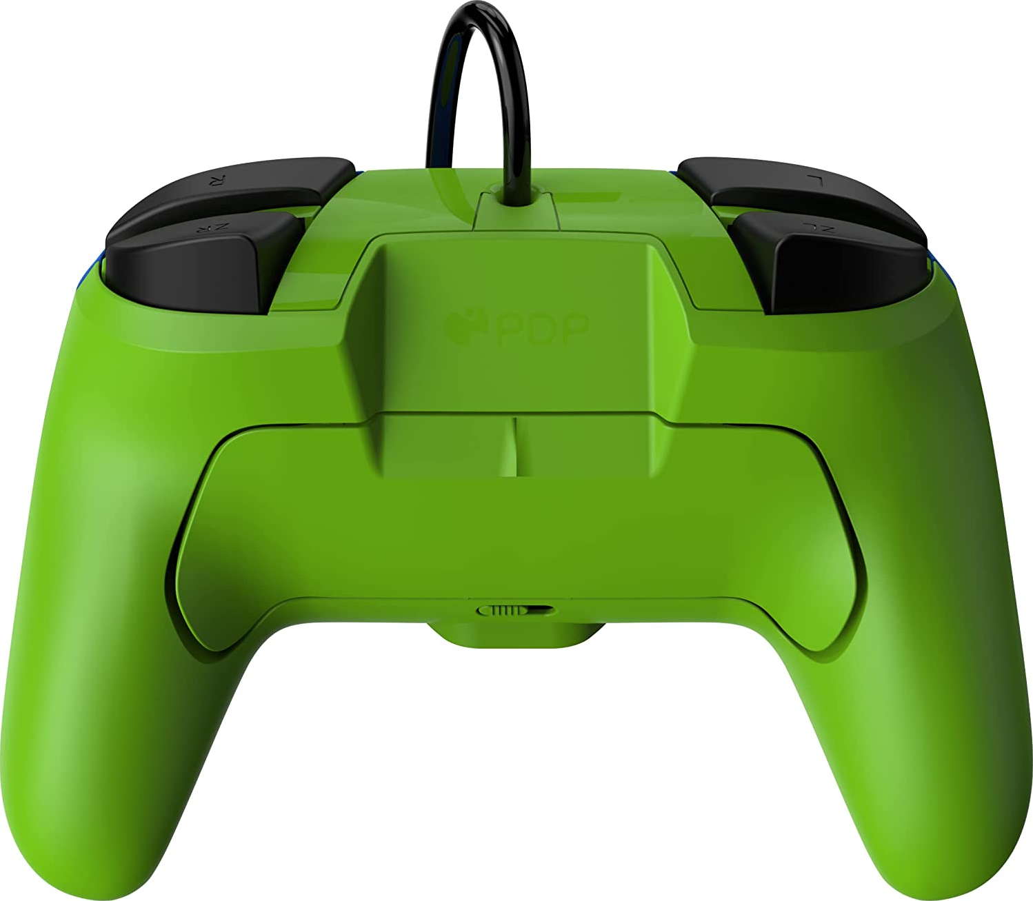 Ein grüner Gaming-Controller mit schwarzen Knöpfen und einem schwarzen Kabel. Er steht auf weißem Hintergrund.