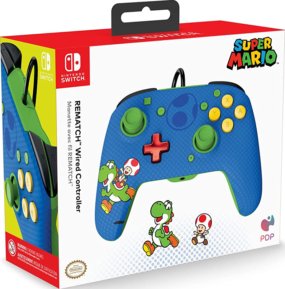 Super Mario Nintendo Switch Controller in einer Box. Blauer Controller mit grünen Knöpfen.