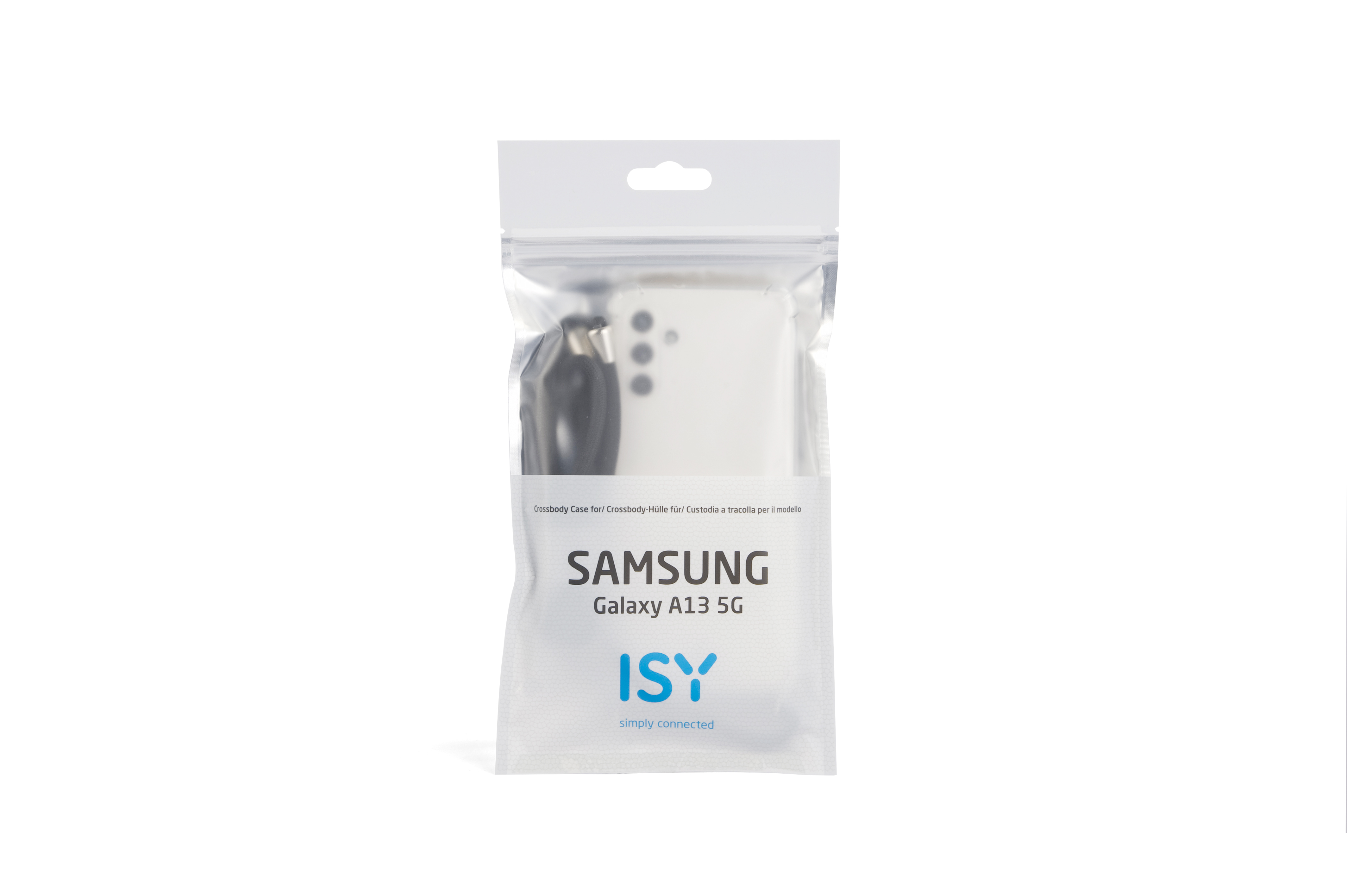 Versiegelte transparente Plastiktüte mit einem Samsung Galaxy A13 5G Telefon, Zubehör und Text auf Weiß.