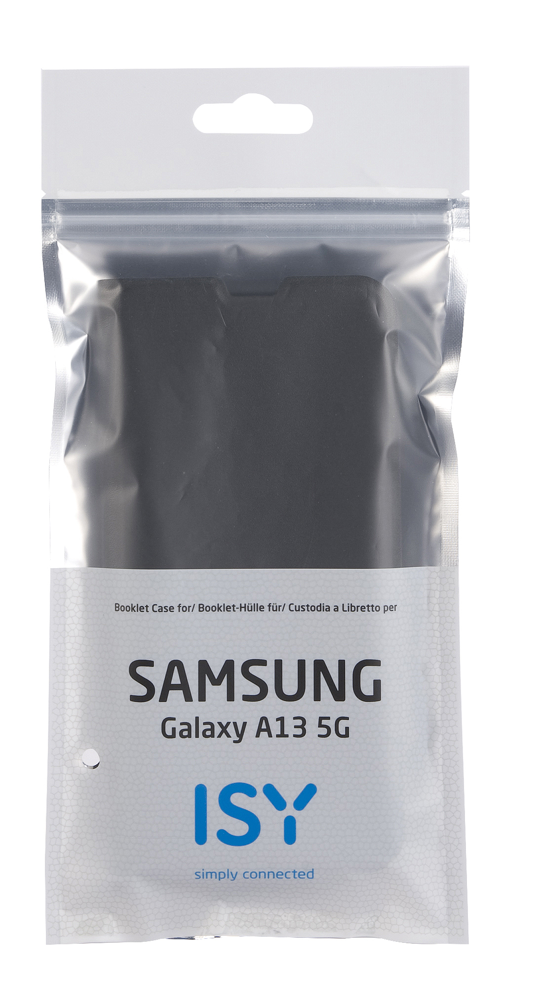 Verpackung für Samsung Galaxy A13 5G Handyhülle. Die Hülle befindet sich in einem durchsichtigen, versiegelten Plastikbeutel.