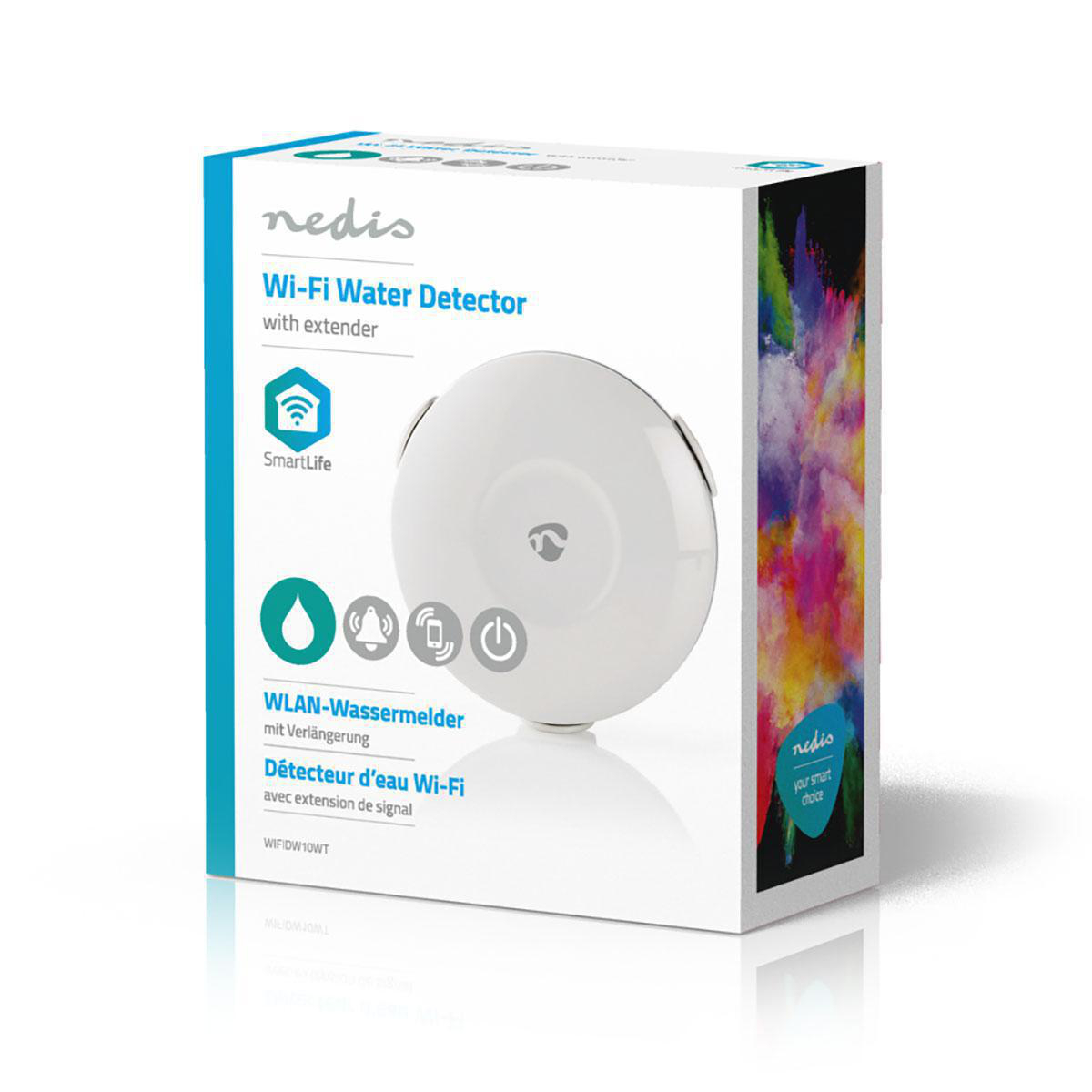 Eine weiße Wi-Fi-Wasserdetektor-Box mit Gerät und Symbolen. Die Box hat bunte Grafiken.