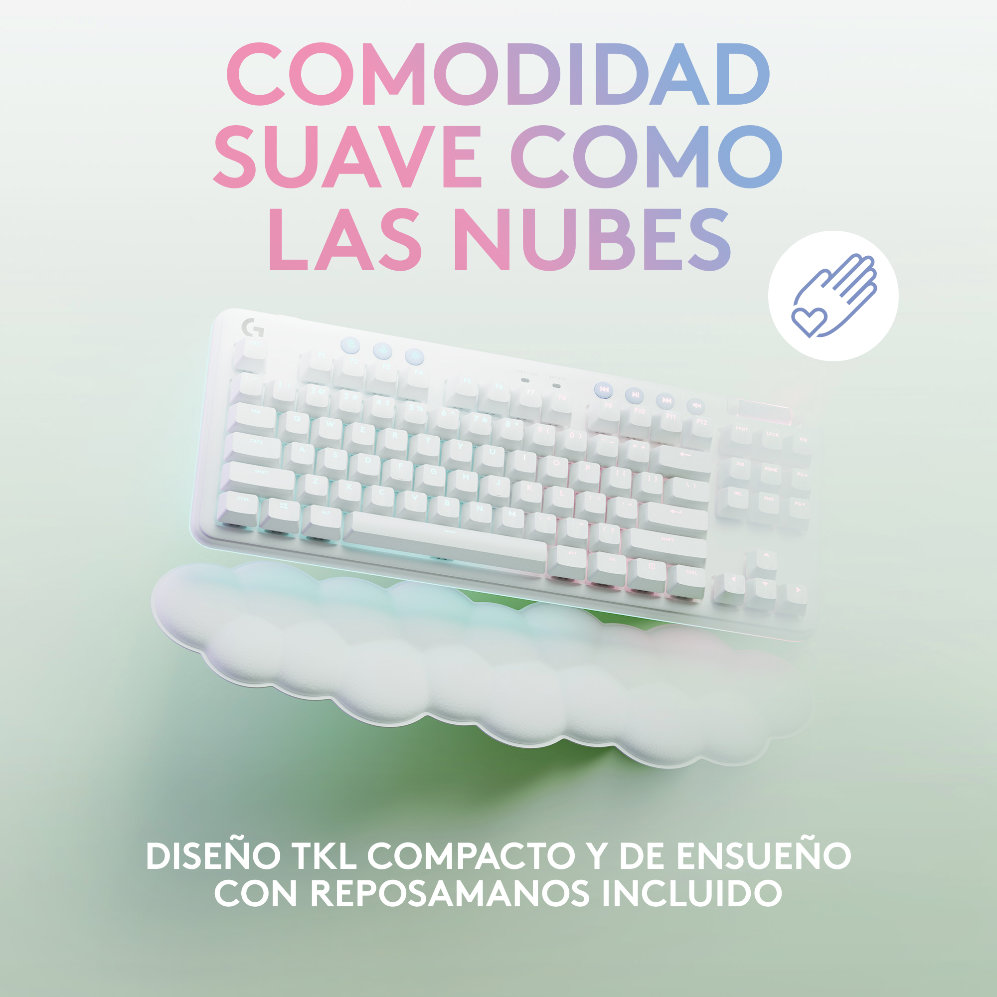Un teclado blanco sobre una almohadilla en forma de nube. El texto en español dice: "Cómodo, suave como las nubes".