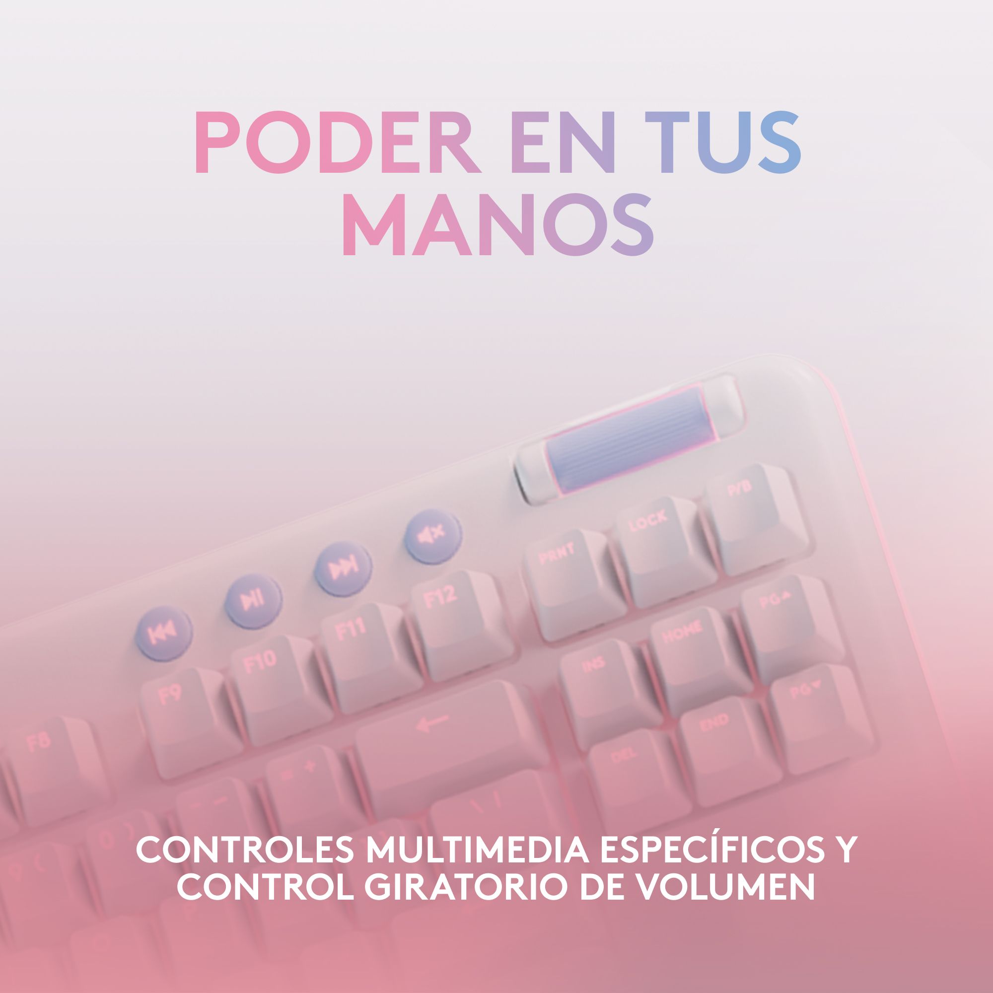 Primer plano de un teclado rosa con controles multimedia. Texto: 'PODER EN TUS MANOS', 'CONTROLES'.