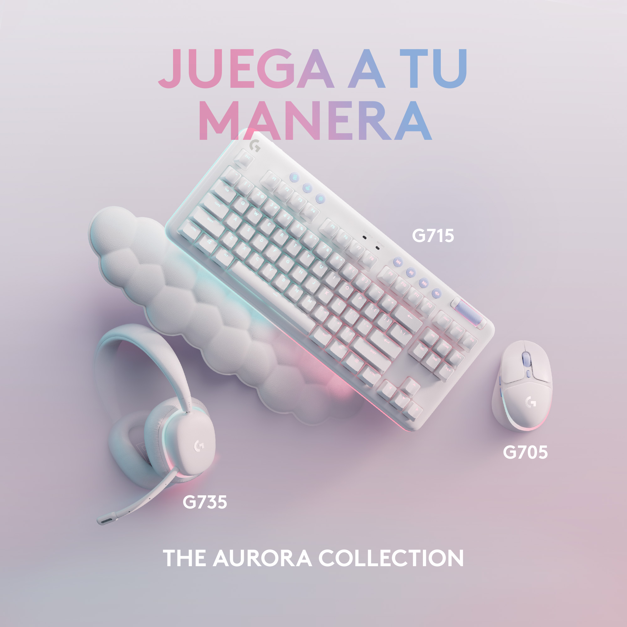Configuración de juego Aurora: teclado, auriculares y ratón blancos, con texto sobre un fondo degradado.