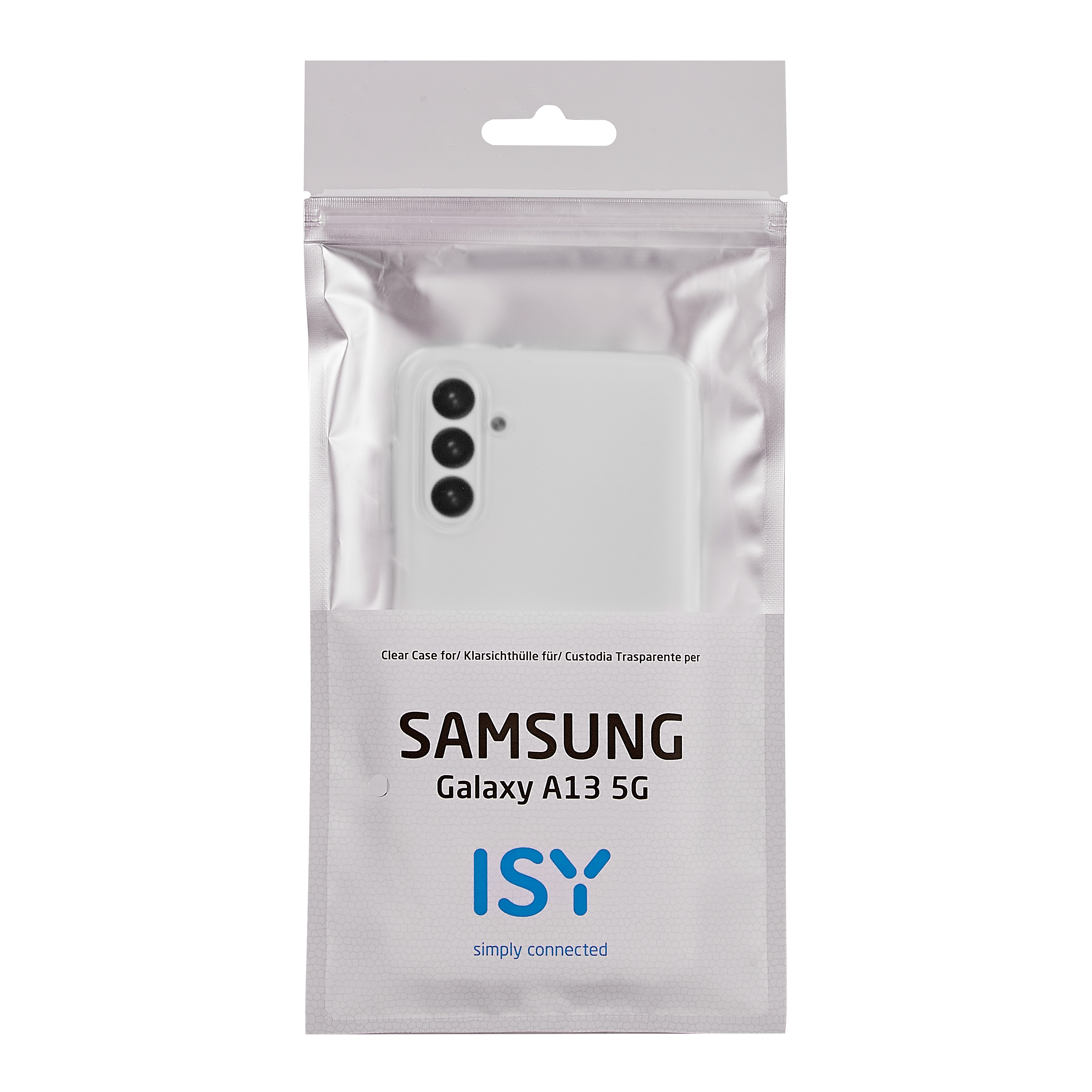 Transparente Kunststoffverpackung für eine Samsung Galaxy A13 5G Handyhülle. Die Hülle hat drei Kameralinsen.