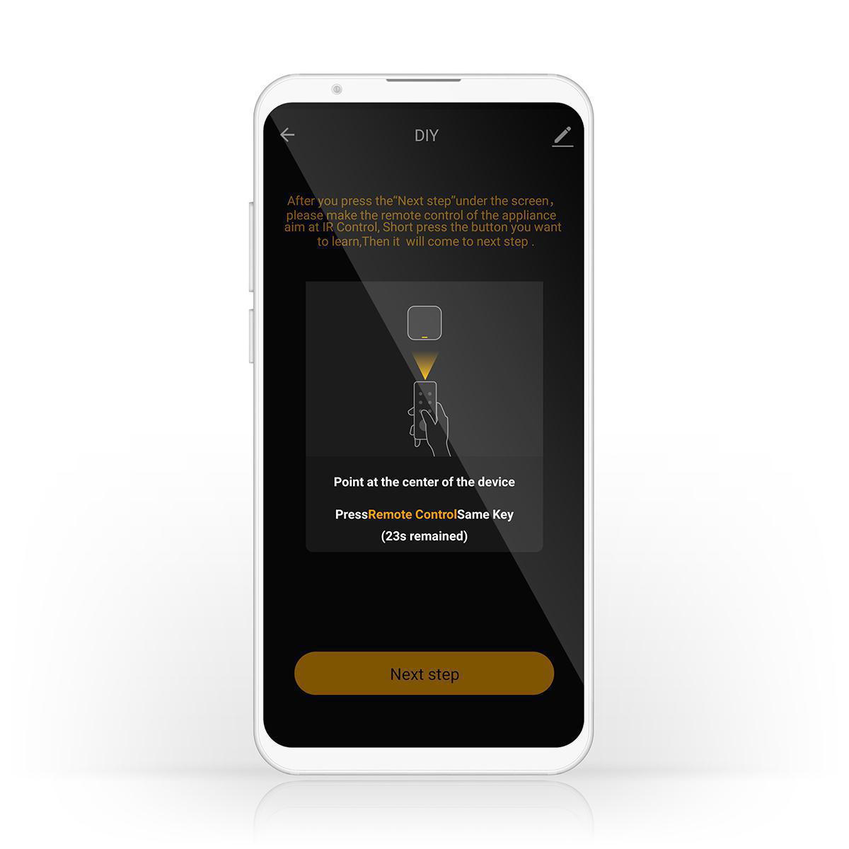 Smartphone-Bildschirm mit DIY-Anweisungen. Eine Hand zeigt auf ein Fernbedienungssymbol.