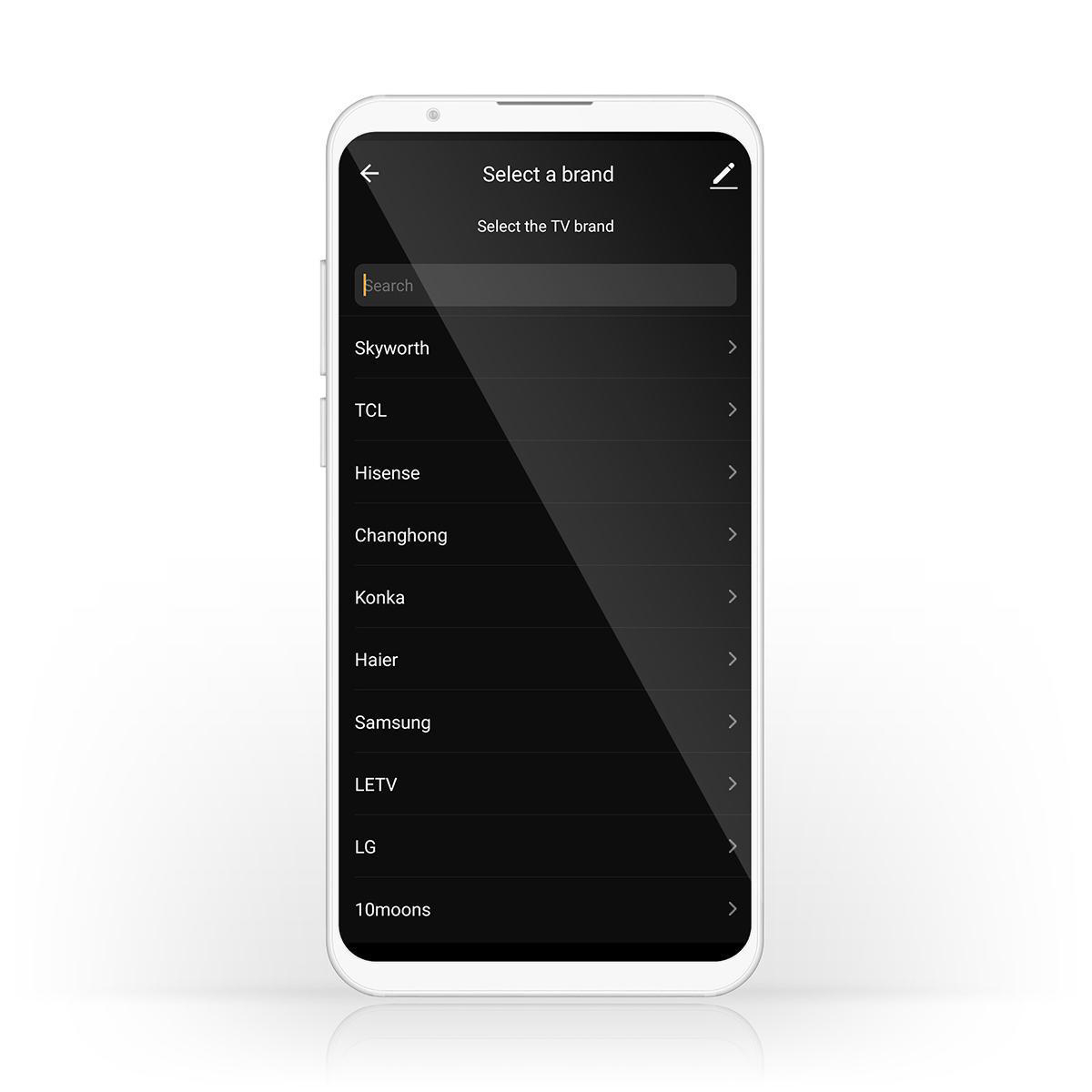 Smartphone-Bildschirm zeigt ein Markenauswahlmenü mit Suchleiste.