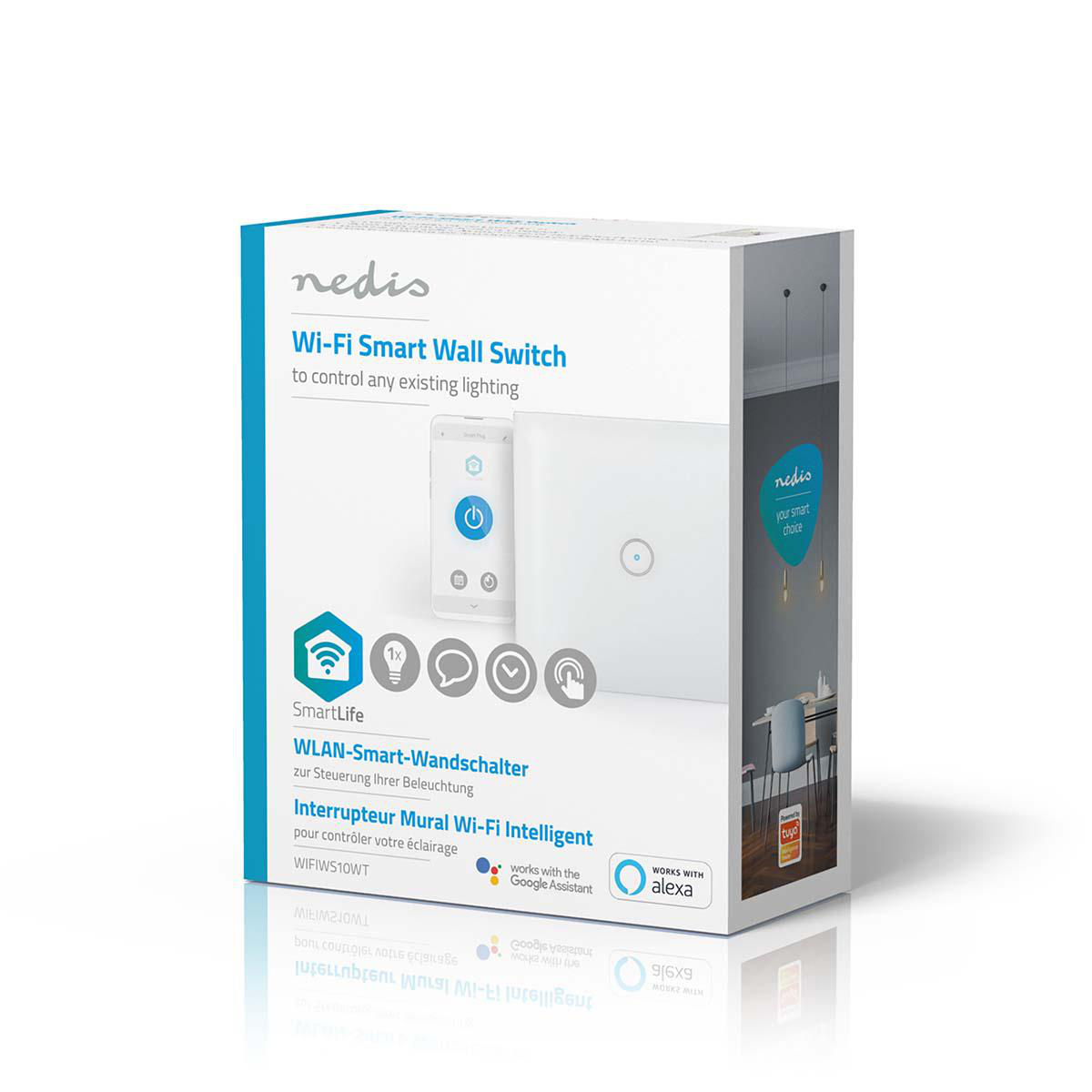 Box für einen WLAN-Smart-Wandschalter mit Details, ein Telefon mit dem Schalter und eine Smart-Home-Szene.
