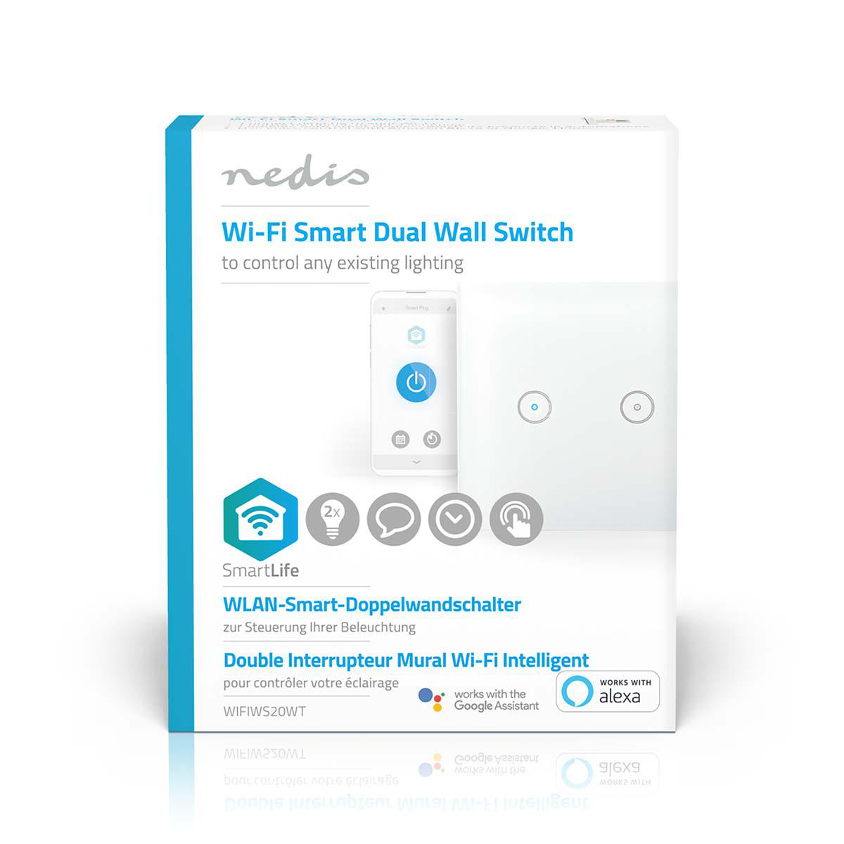 Wi-Fi Smart Dual Wall Switch Box. Weißer Schalter mit Symbolen für SmartLife und Alexa.