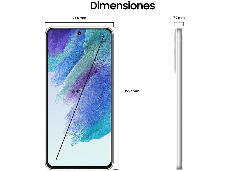 Un diagrama de vista lateral y frontal de un teléfono plateado con las dimensiones etiquetadas.