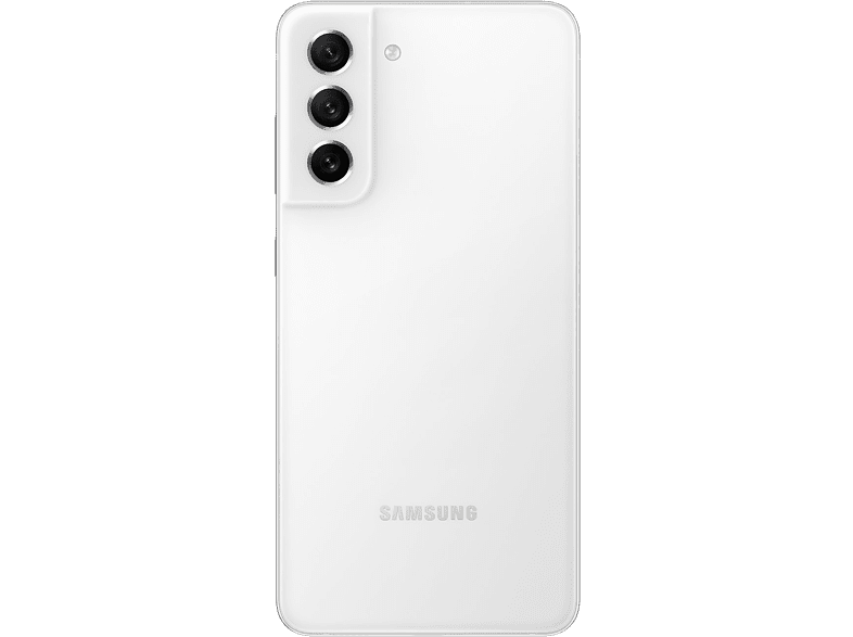 Vista trasera del teléfono Samsung blanco. Triple cámara, logo Samsung.