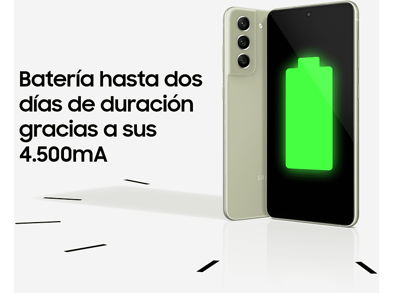 Un teléfono verde con pantalla negra e icono de batería. Texto a la izquierda.
