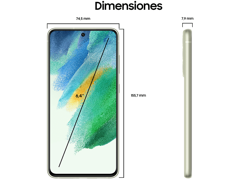 Un smartphone de lado, con dimensiones etiquetadas, en blanco.