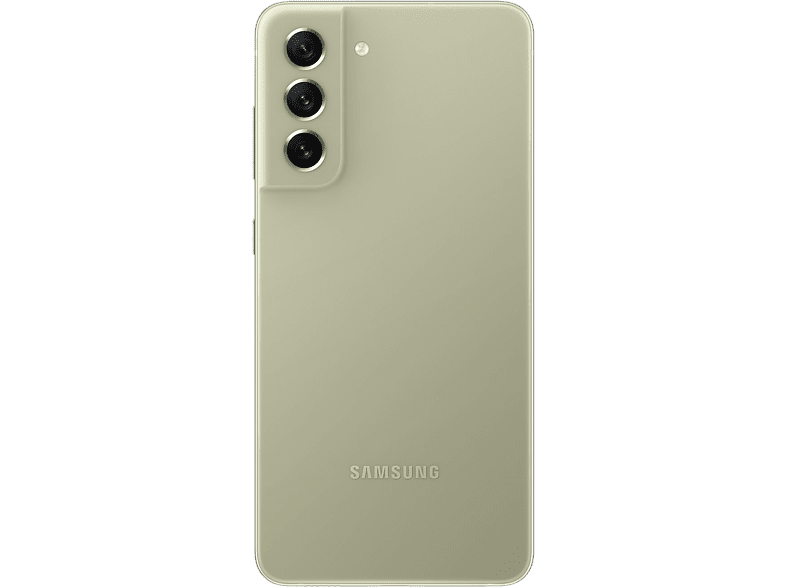 Vista trasera de un teléfono Samsung verde oliva con tres cámaras y logotipo Samsung.