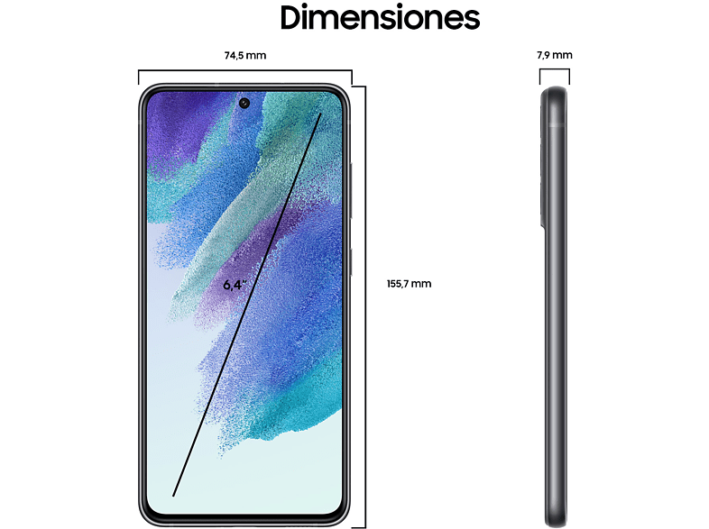 Un smartphone sobre un fondo blanco. Se muestran las dimensiones. Vista frontal y vista lateral.