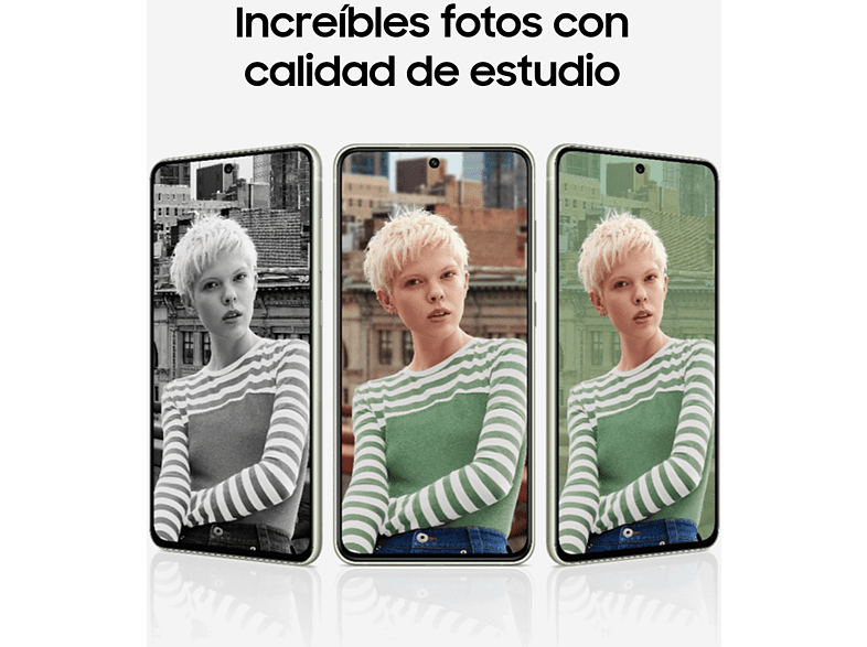 Tres teléfonos mostrando a una mujer con fotos mejoradas por un teléfono.