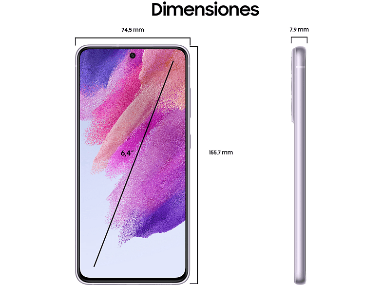 Un teléfono inteligente con dimensiones mostradas. La pantalla está encendida y el teléfono es morado.