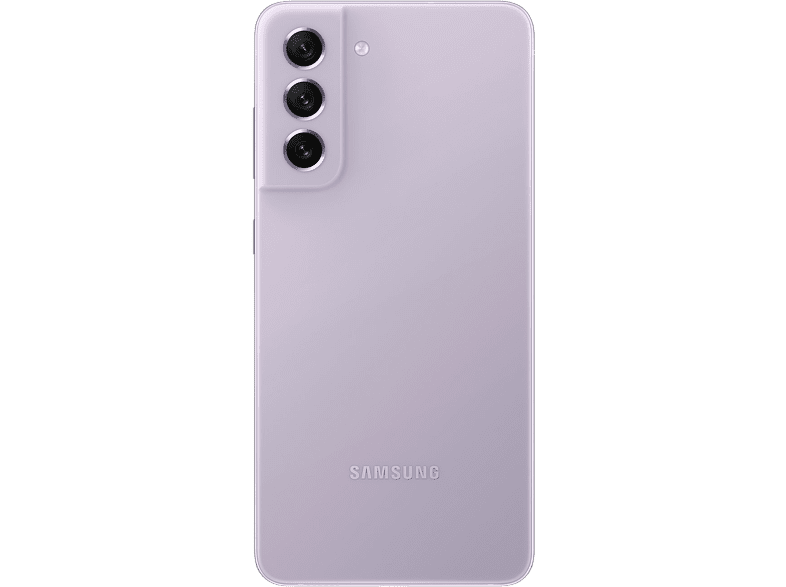 Parte trasera de un teléfono Samsung púrpura. Tres cámaras y logotipo de Samsung visibles. Diseño limpio.