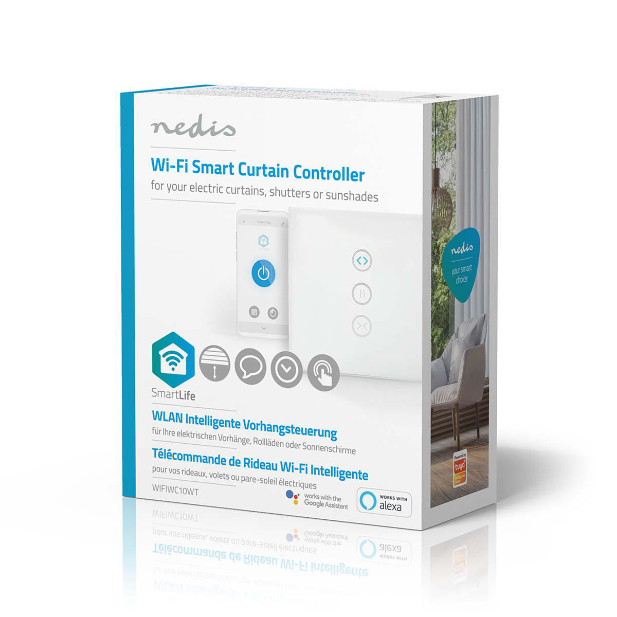 Karton mit Nedis Wi-Fi Smart Curtain Controller, Produktanzeige und Text auf weißem Hintergrund.