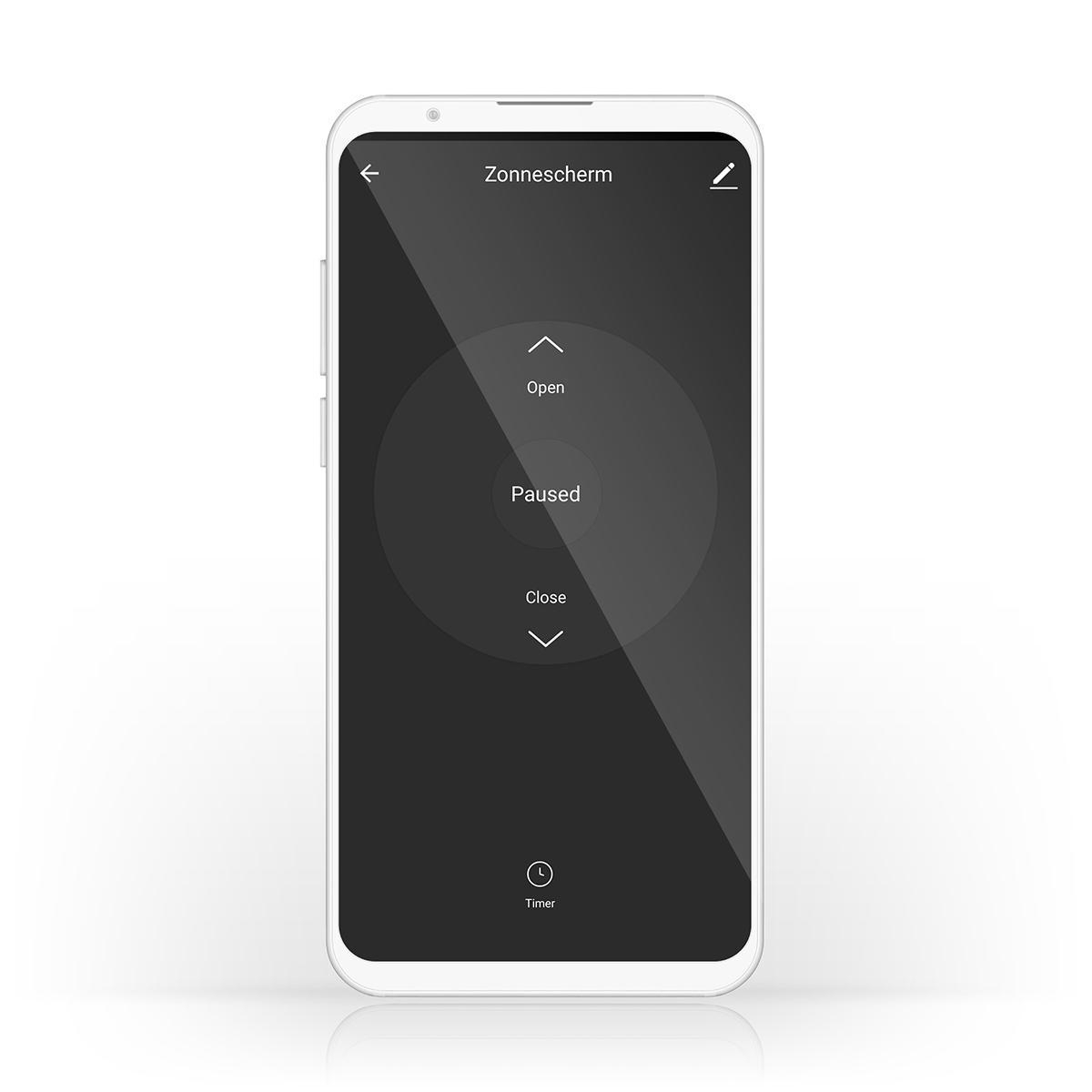 Ein Smartphone zeigt den Bildschirm mit Steuerungsmöglichkeiten zum Öffnen und Schließen.