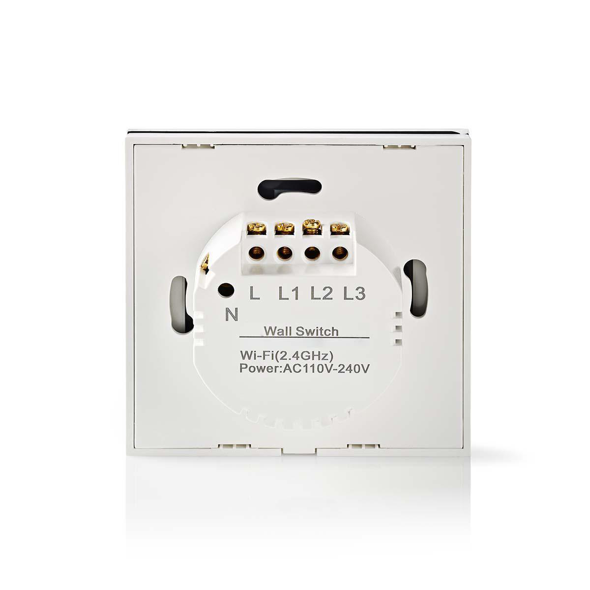 Ein weißer Wi-Fi-Wandschalter mit Klemmen und dem Text: Wi-Fi, Power: AC110V-240V.