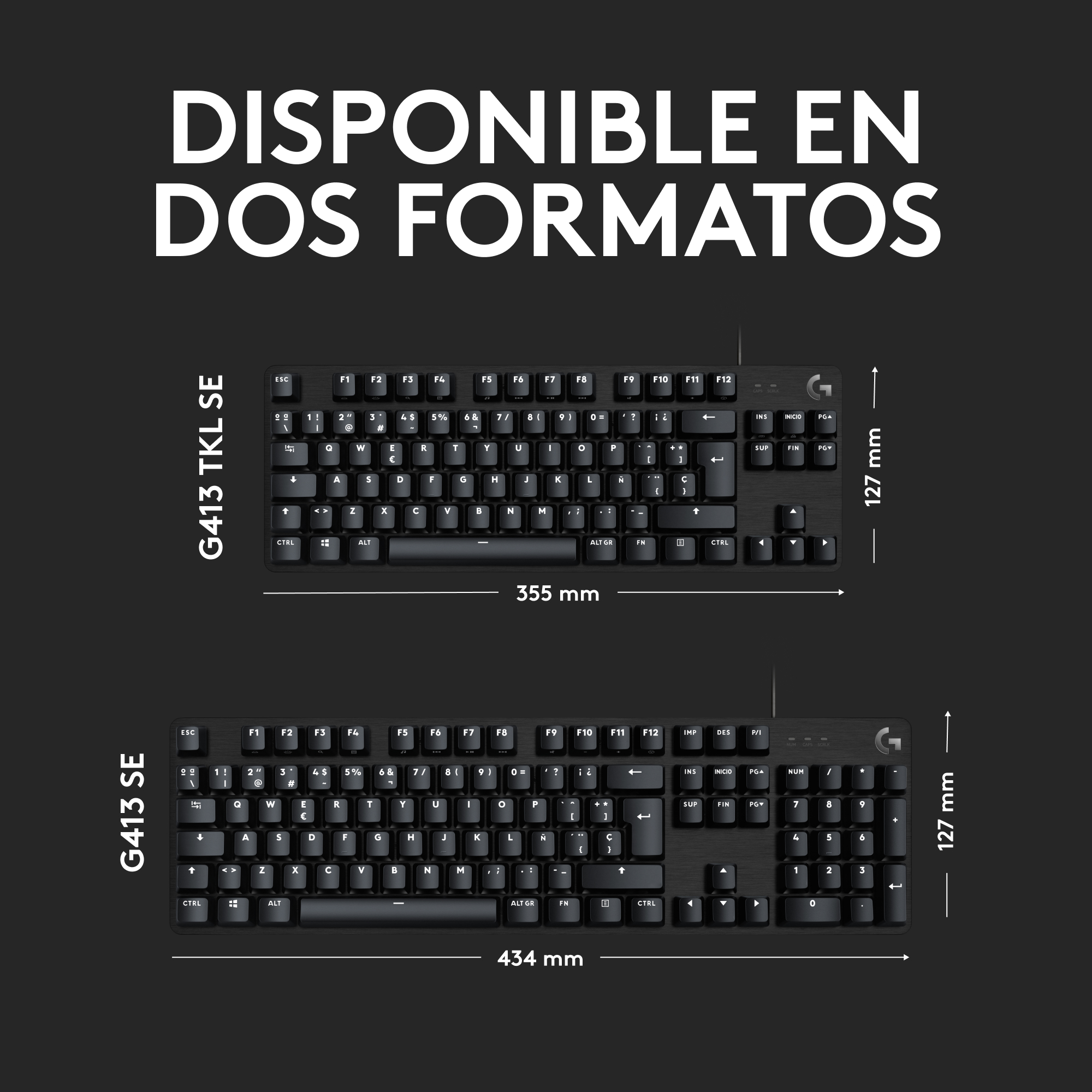 Dos teclados negros, uno al lado del otro, con dimensiones y texto sobre un fondo oscuro.