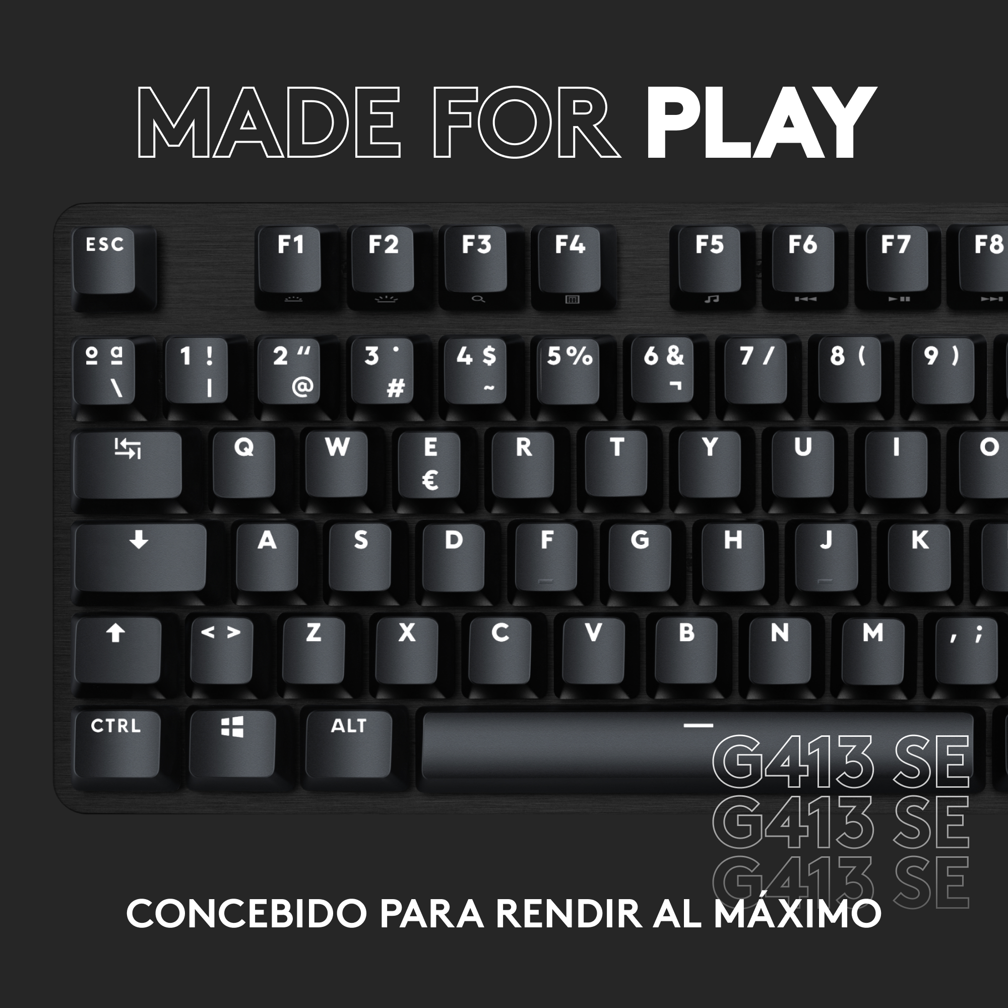 Un teclado negro con letras blancas y un logotipo en la parte inferior. El fondo es negro.