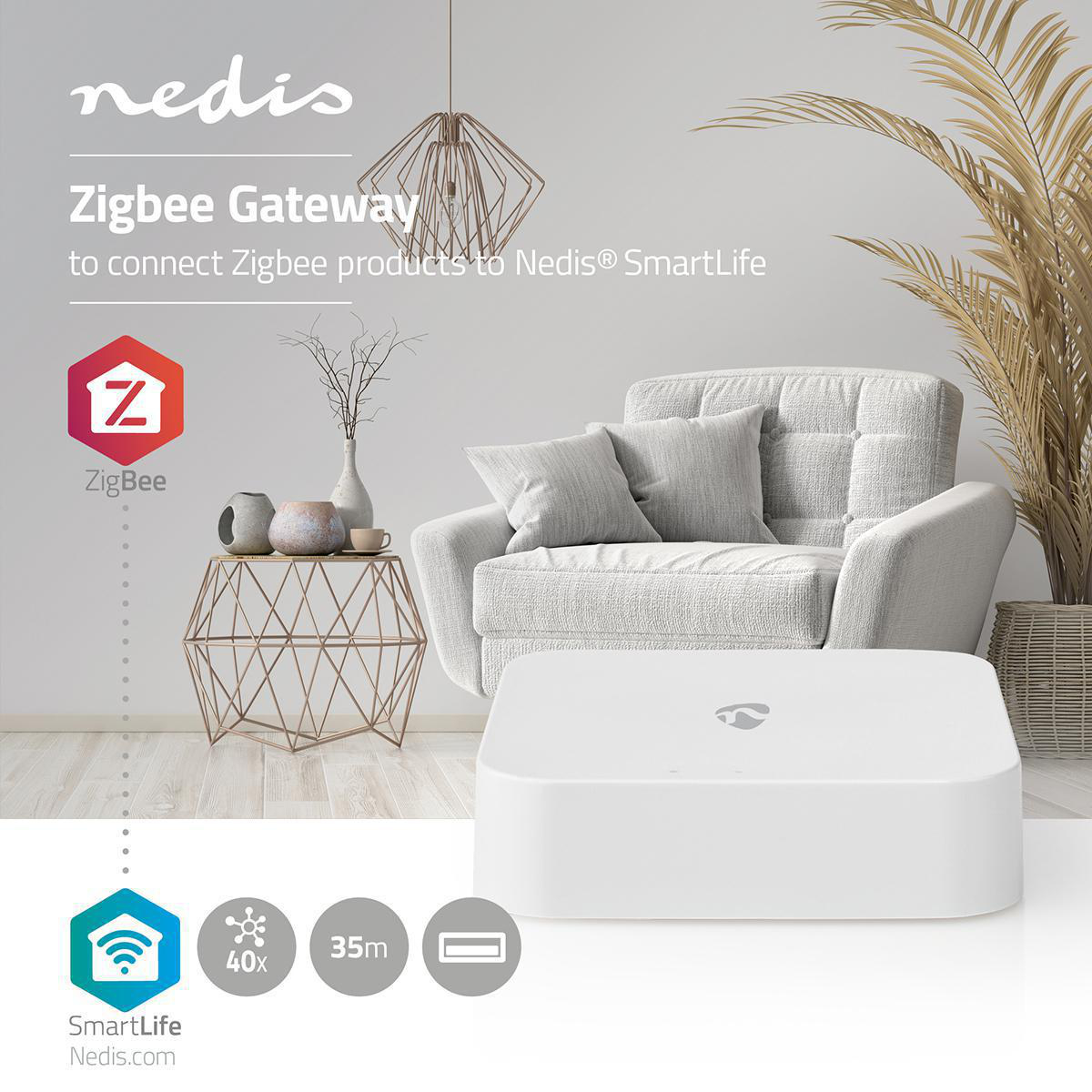 Weißes Nedis Zigbee-Gateway auf einem Tisch. SmartLife-Logo unten, mit Zigbee-Symbol und anderen Symbolen.