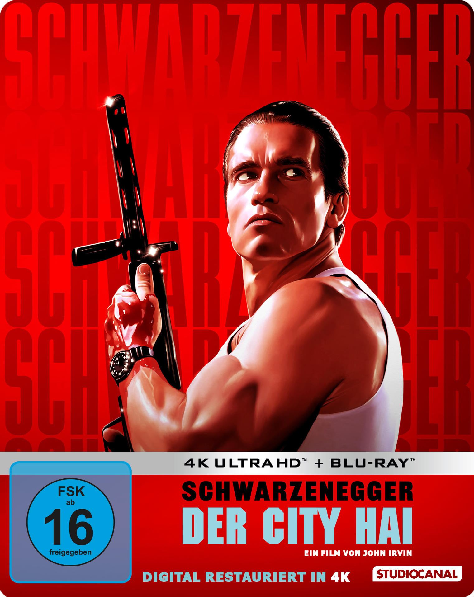 DVD-Cover. Arnold Schwarzenegger mit einer Waffe, roter Hintergrund. Titel: Der City Hai.