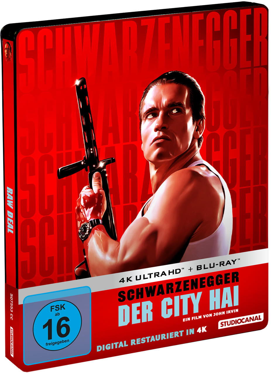 DVD-Hülle von Schwarzenegger mit einem Schwert, roter Hintergrund.