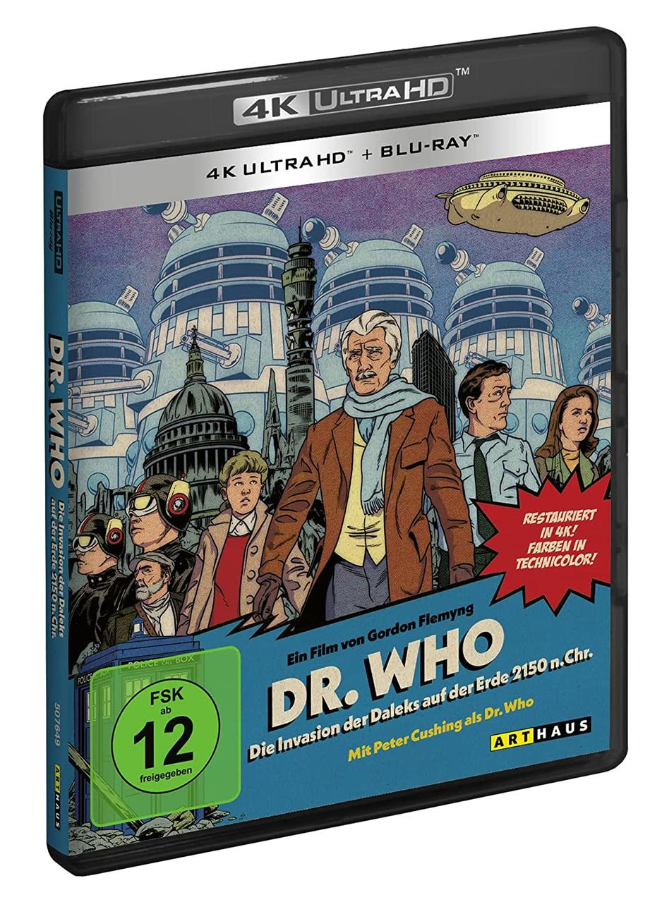 Dr. Who 4k Ultra HD Blu-ray Box. Bunte Illustration, Text.