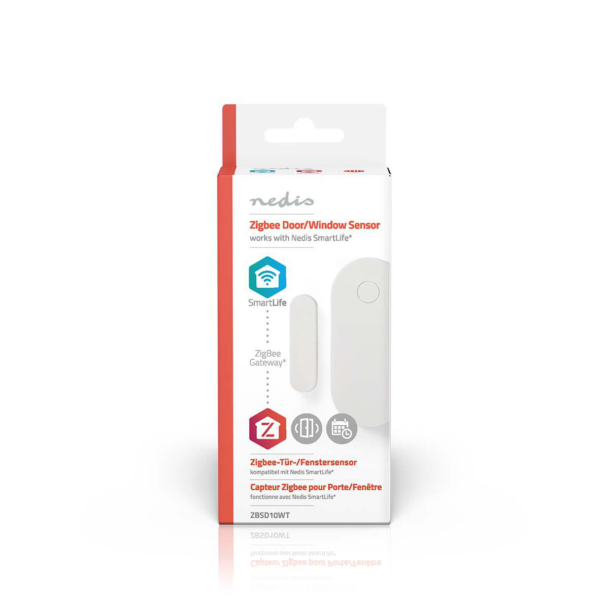 Eine weiße und rote Zigbee Tür-/Fenstersensorbox. Text enthält SmartLife und Zigbee Gateway.