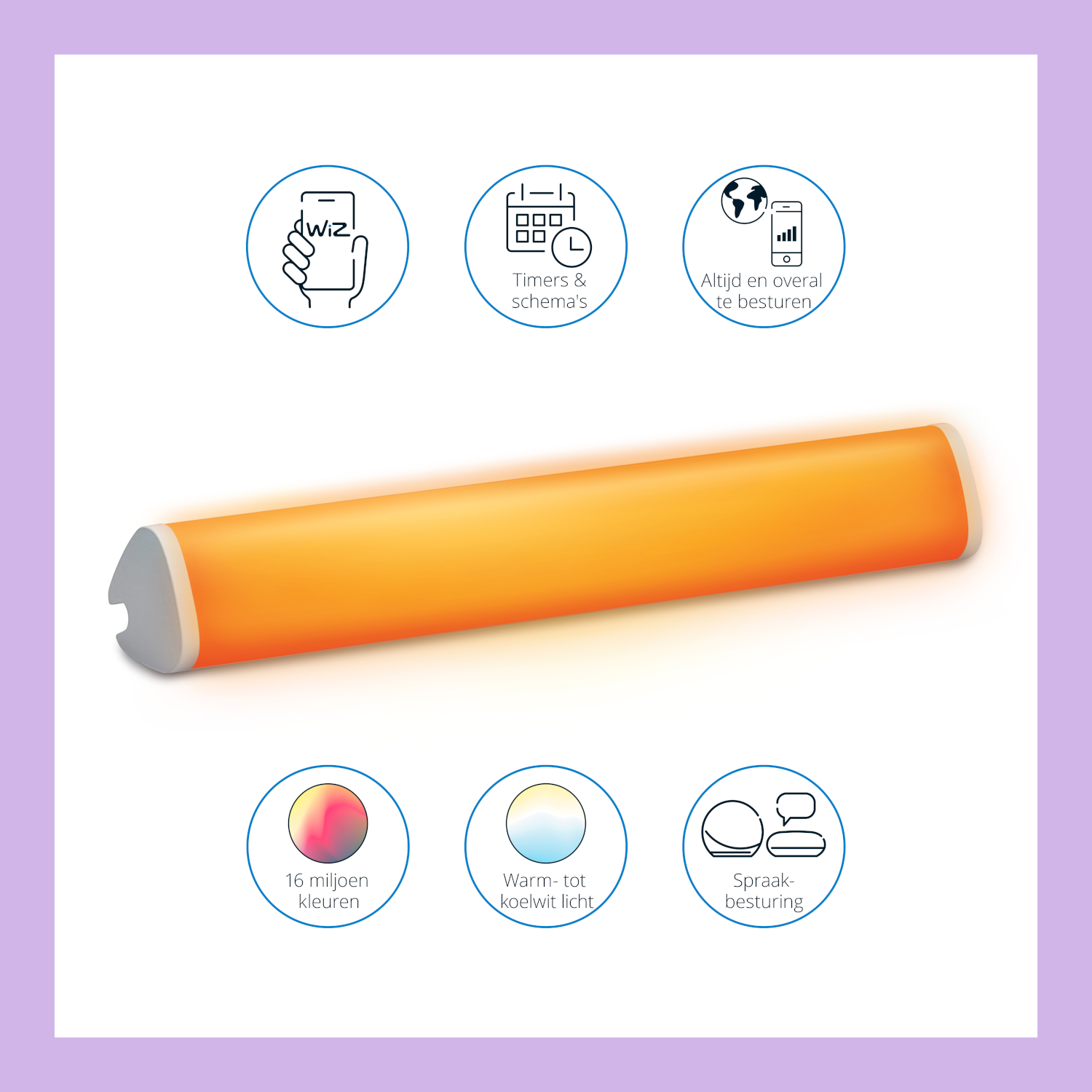 Orange light bar with white ends, surrounded by icons: app, timers, global control, colors, white light, voice control.