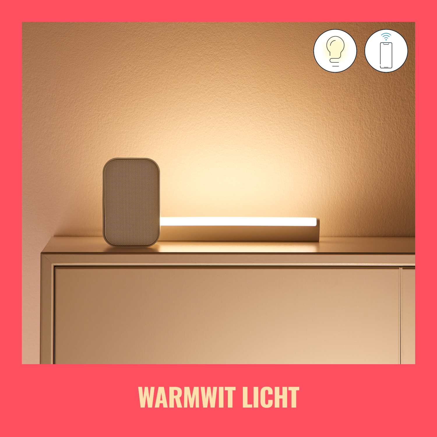 A small lamp on a table with a speaker, with the words: WARM LIGHT.