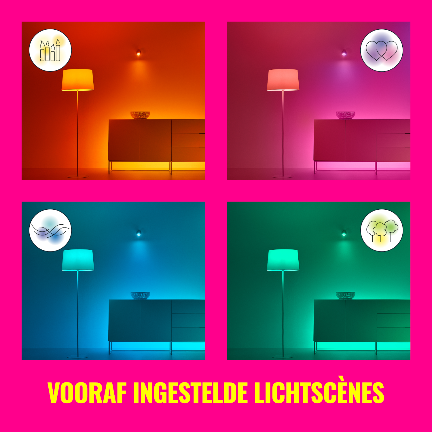 Four images of rooms lit by different colored lights (orange, pink, blue, and green). Text says 'VOORAF INGESTELDE LICHTSCÈNES'.