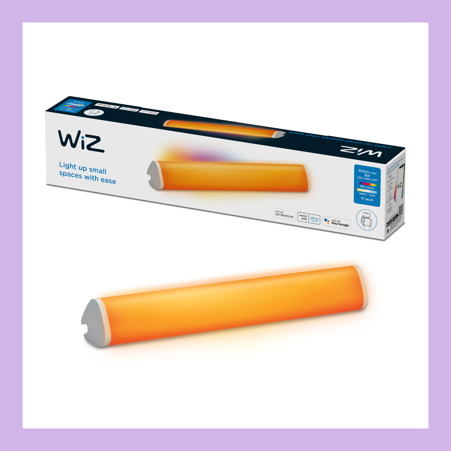 Wiz light bar in box and out. Orange light, white ends, and box.