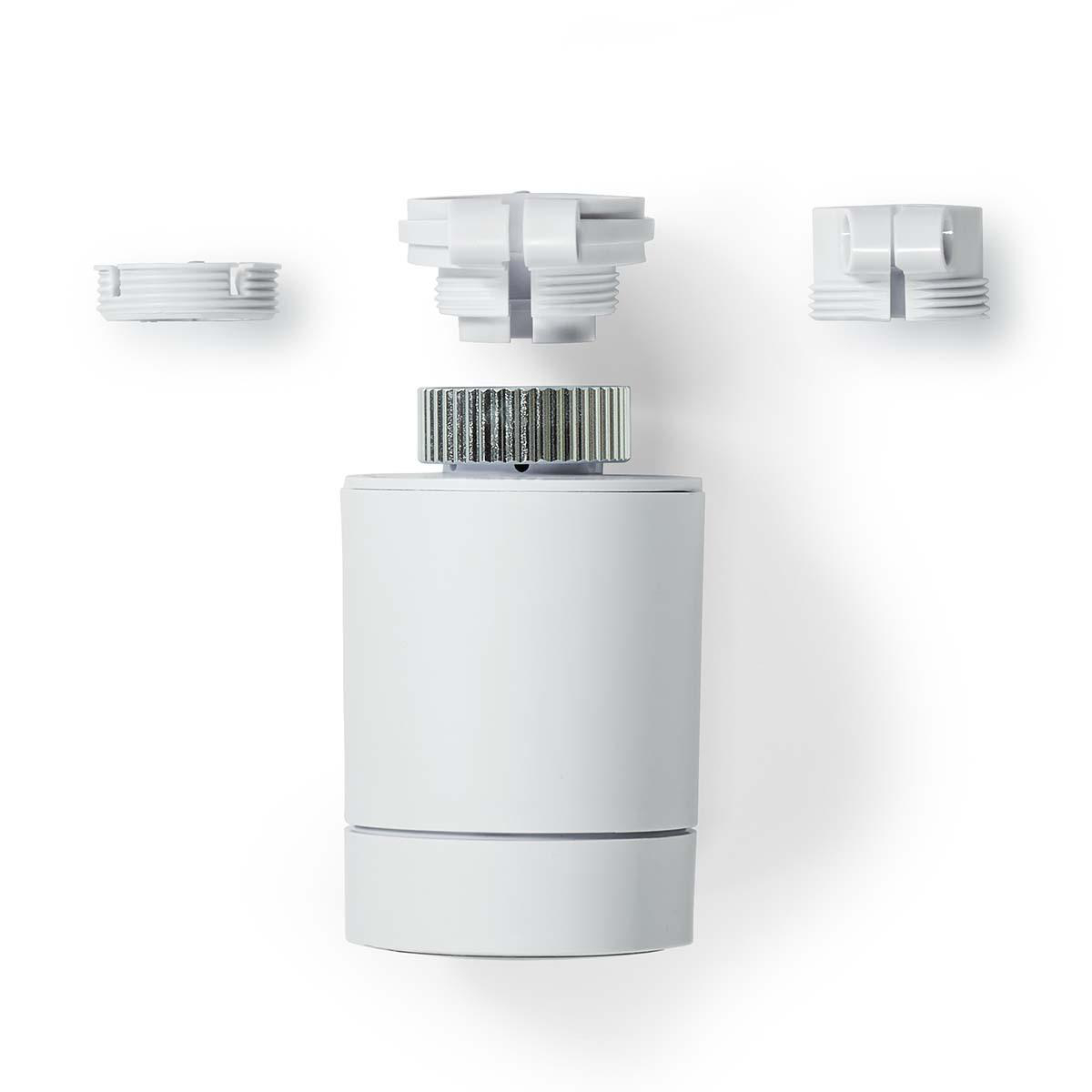 Drei Teile eines weißen Thermostats. Oberteil, Gehäuse und Basis sind getrennt und auf weißem Hintergrund.