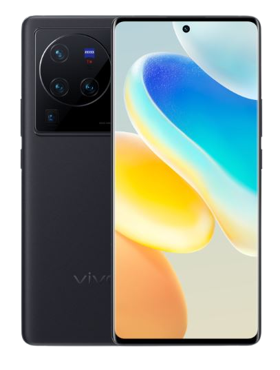 Schwarzes Smartphone mit mehreren Rückkameras und Bildschirm mit Grafik.