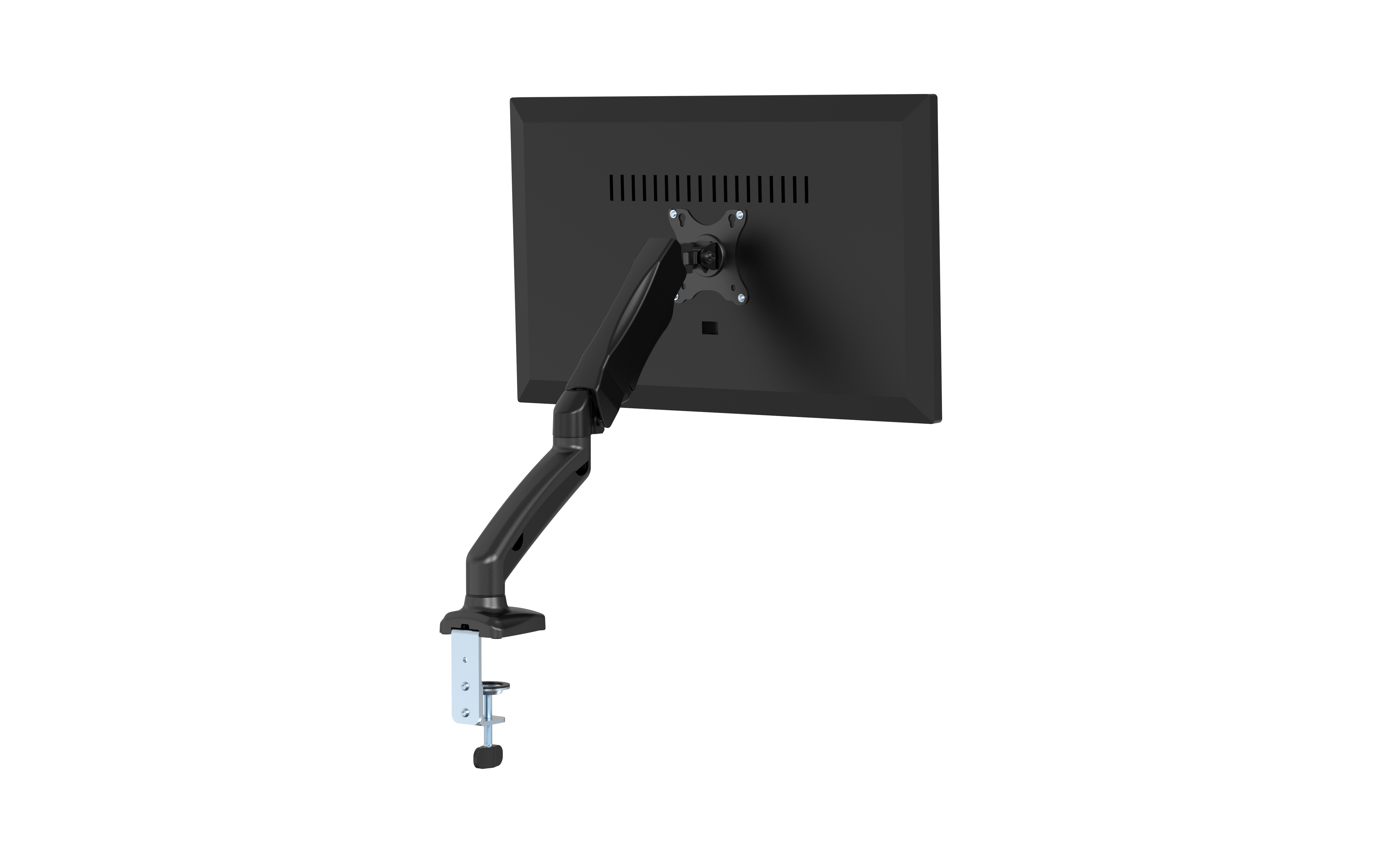 Rückansicht eines schwarzen Monitors mit einem Gelenkarm. Der Arm ist an einer Klemme befestigt.