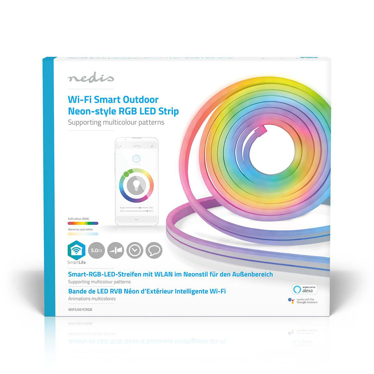 Box mit Wi-Fi Smart Outdoor LED-Streifen mit Multicolor-Mustern. Text: Wi-Fi Smart Outdoor.