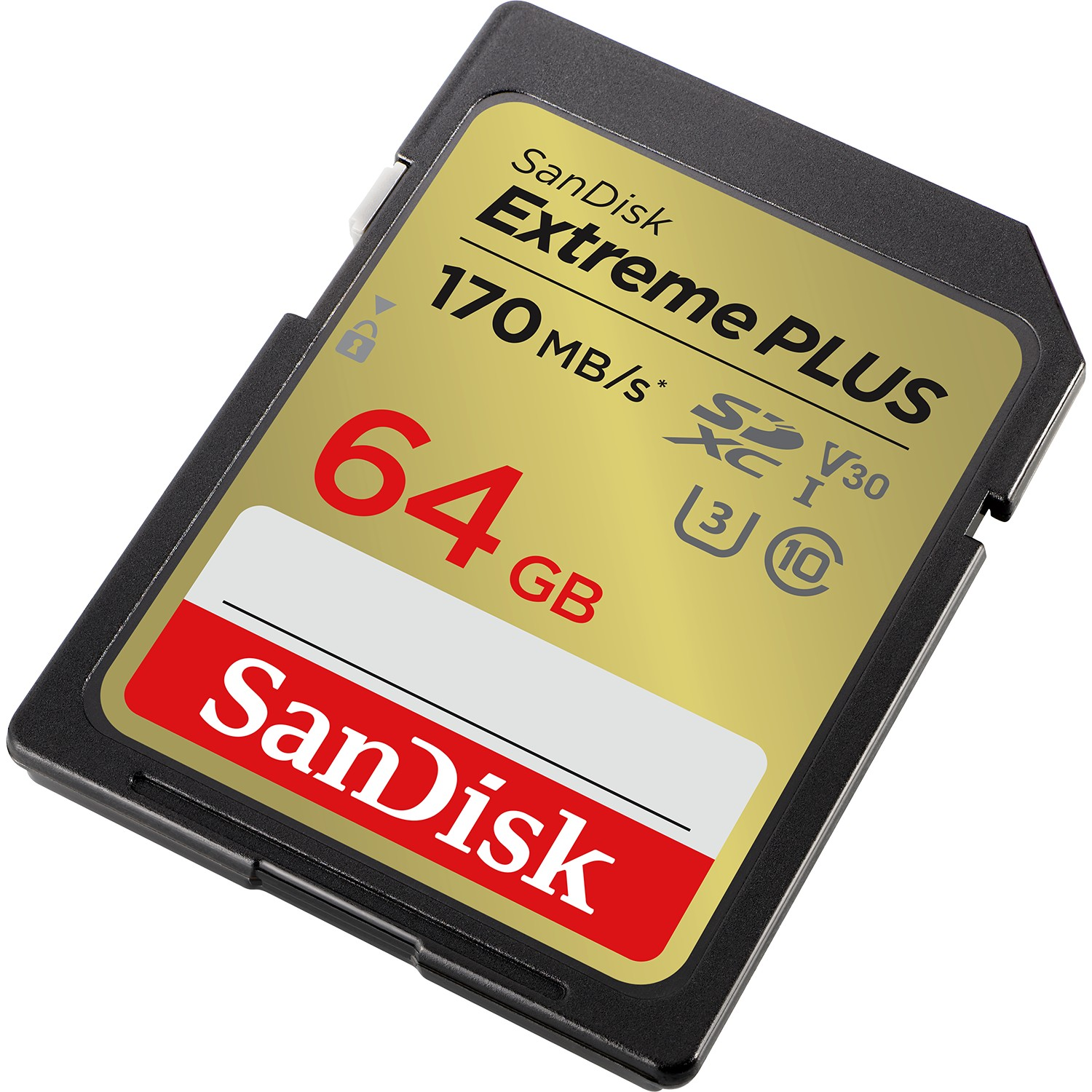 Tarjeta SD SanDisk Extreme PLUS, oro y negro, 64 GB y texto en la tarjeta.