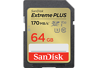 Tarjeta SDXC - SanDisk Extreme PLUS, 64 GB, Vídeo 4k UHD, Hasta 170 MB/s lectura, U3, V30, C10, Multicolor