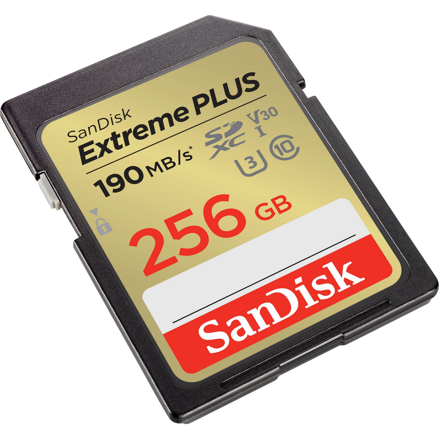 Una tarjeta SD Sandisk Extreme PLUS negra y dorada con texto y símbolos.