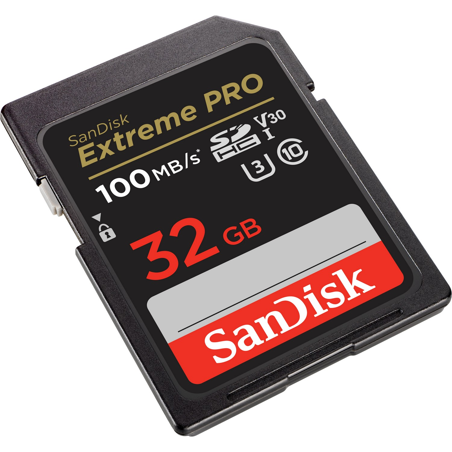Tarjeta SD SanDisk Extreme PRO negra y roja, vista en ángulo.